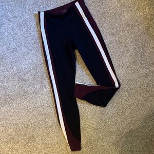 Athleta Black and Burgundy Leggings with White Stripes